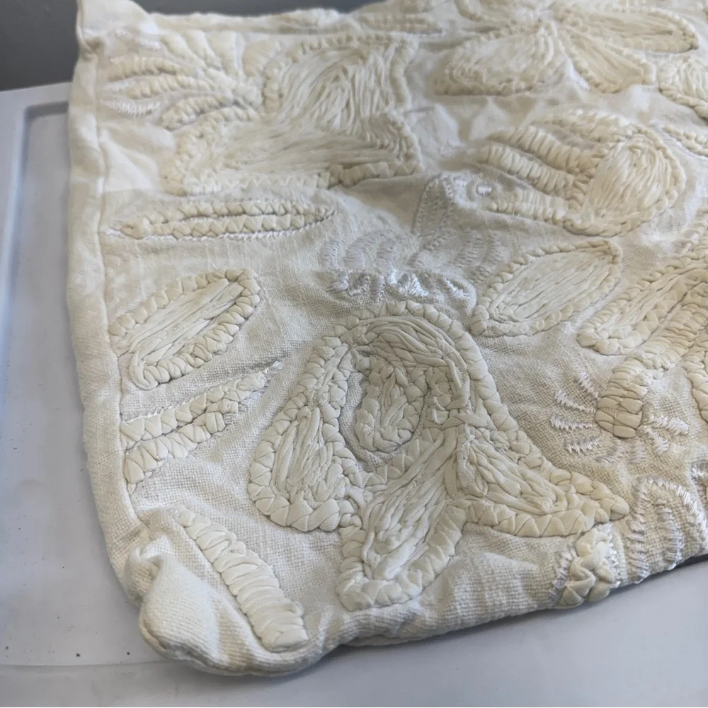 West Elm Embroidered Floral Pillow Cover Cream White Ivory 18x18